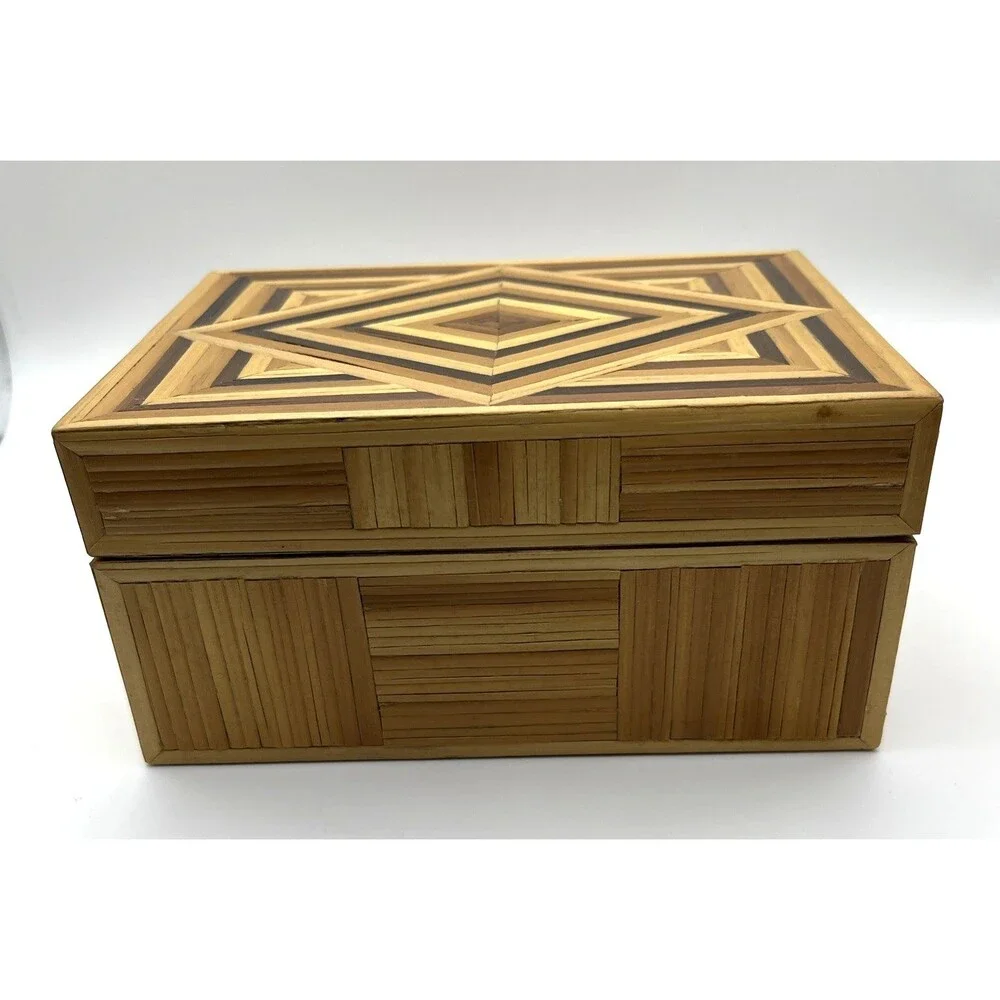 Handmade Bamboo Wood Inlaid Trinket Jewelry Box Geometric Marquetry Boho 6